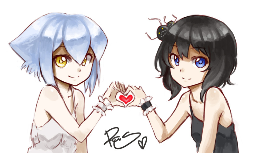 bare_shoulders black_dress black_hair blue_eyes bust camisole creature dress flat_chest heart heart_hands heart_hands_duo looking_at_viewer multiple_girls original pas_(paxiti) pilo short_hair signature simple_background smile spaghetti_strap white_background white_dress white_hair wrist_cuffs yami_shoujo yellow_eyes
