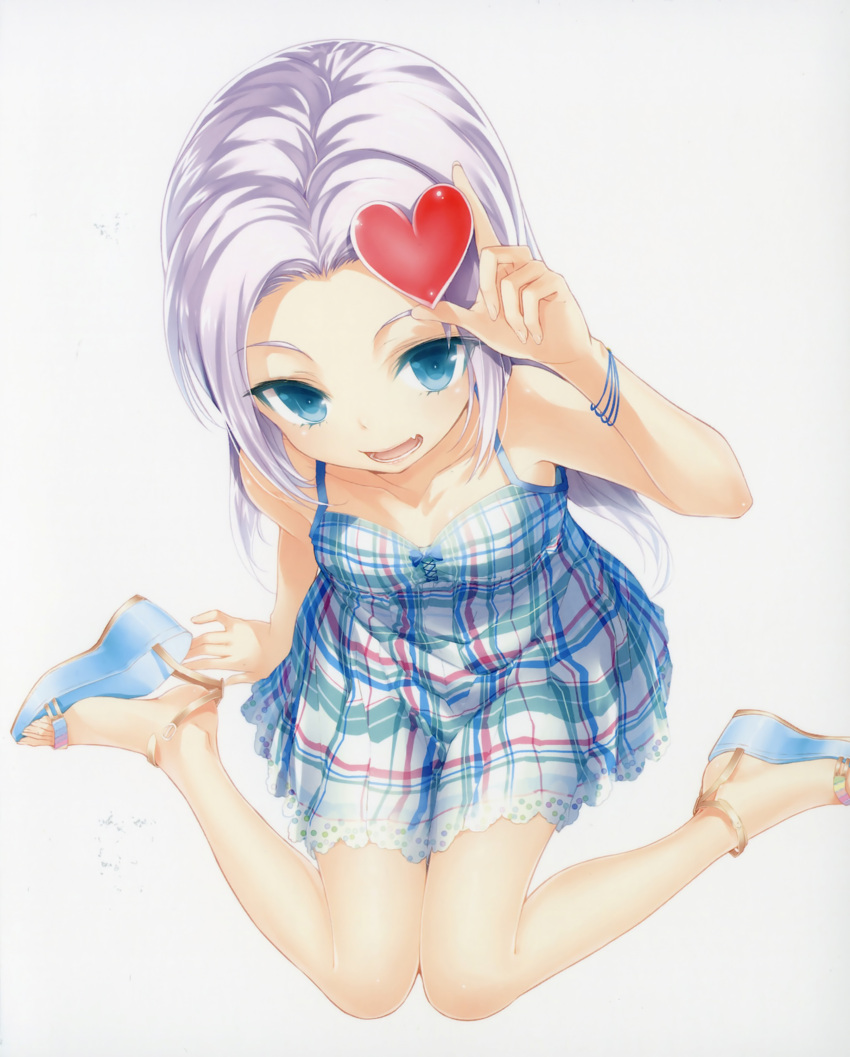 absurdres aqua_eyes bare_legs boku_wa_tomodachi_ga_sukunai buriki dress feet from_above hair_ornament heart high_heels highres legs lowres official_art open_mouth open_shoes plaid plaid_dress sandals scan shoe_dangle shoes silver_hair simple_background smile sundress takayama_maria white_background