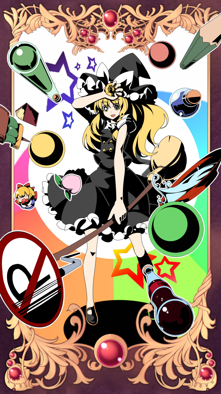 absurdres barbeque blonde_hair book bottle bow braid broom doll hat hat_bow highres kirisame_marisa long_hair mini-hakkero puffy_sleeves road_sign shanghai_doll short_sleeves side_braid sign sinchi single_braid solo star star-shaped_pupils symbol-shaped_pupils touhou witch_hat yellow_eyes