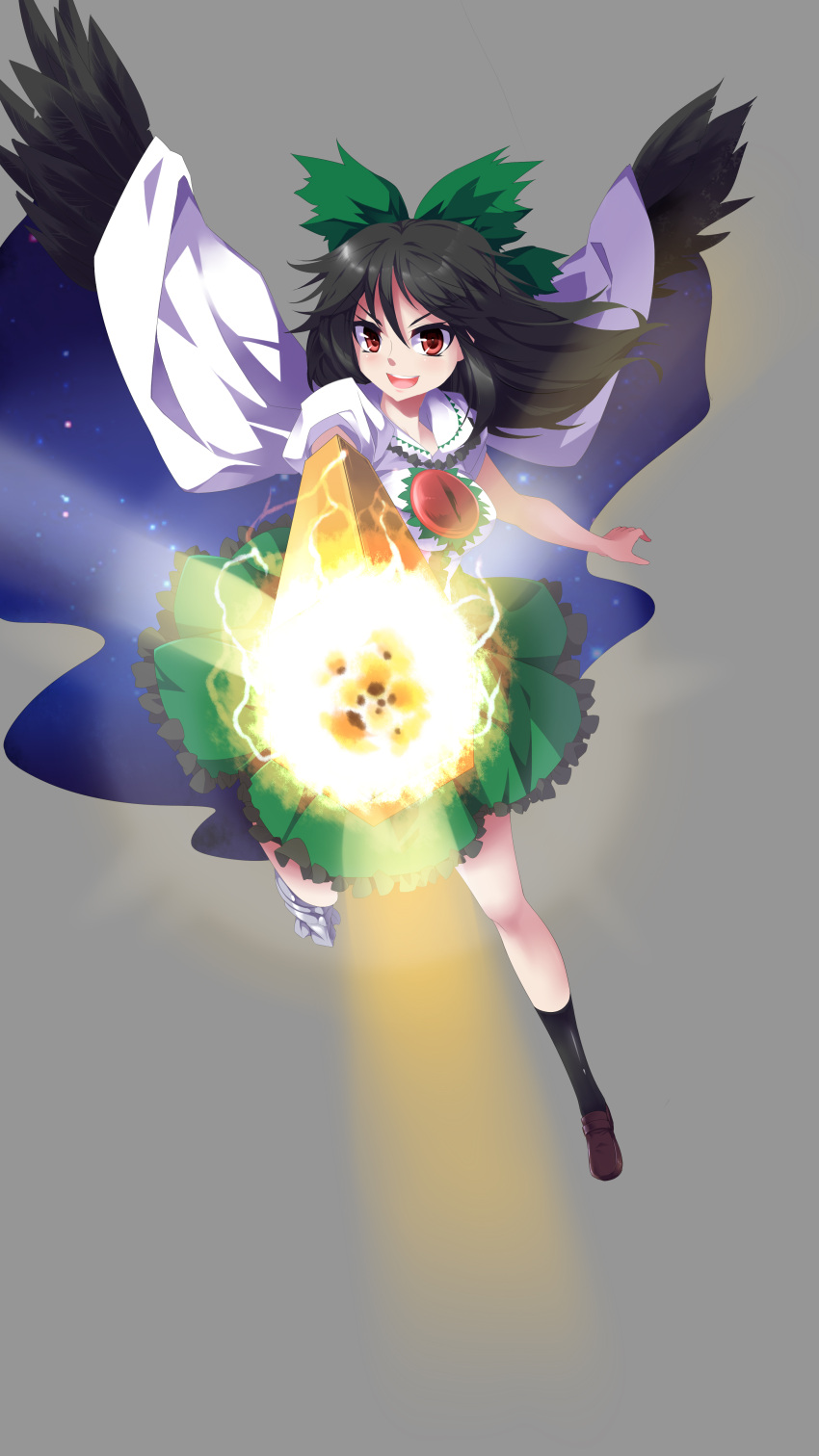 absurdres arm_cannon bird_wings black_hair black_wings bow cape hair_bow highres long_hair mismatched_footwear open_mouth puffy_sleeves reiuji_utsuho short_sleeves simple_background sinchi solo third_eye touhou weapon wings