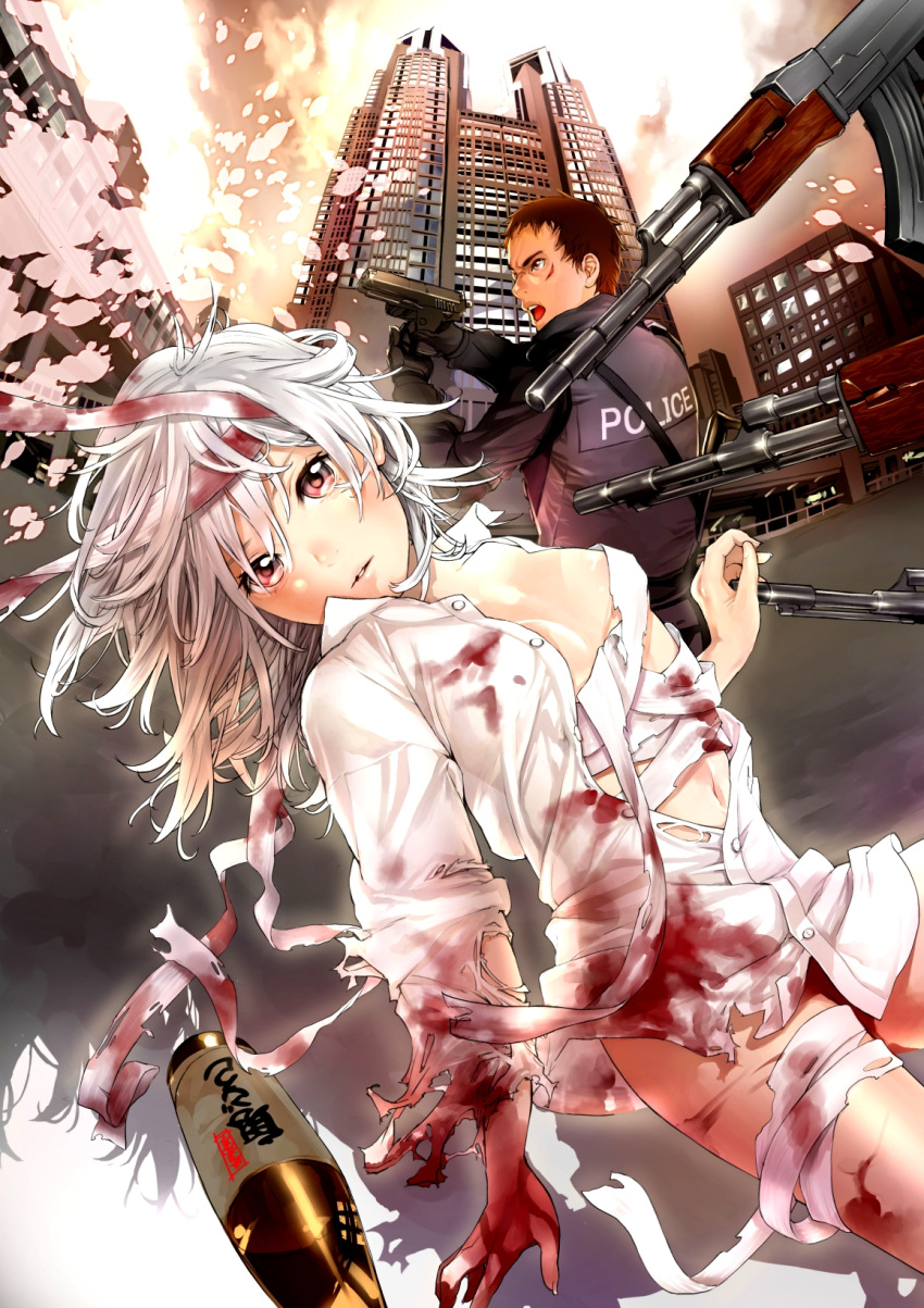 1girl ak-47 assault_rifle bandage bandages blood bottle breasts brown_eyes brown_hair building cherry_blossoms cleavage gun highres lips open_clothes open_shirt original parted_lips pistol pixy2501 police police_uniform red_eyes rifle scar shirt silver_hair skyscraper torn_clothes uniform weapon