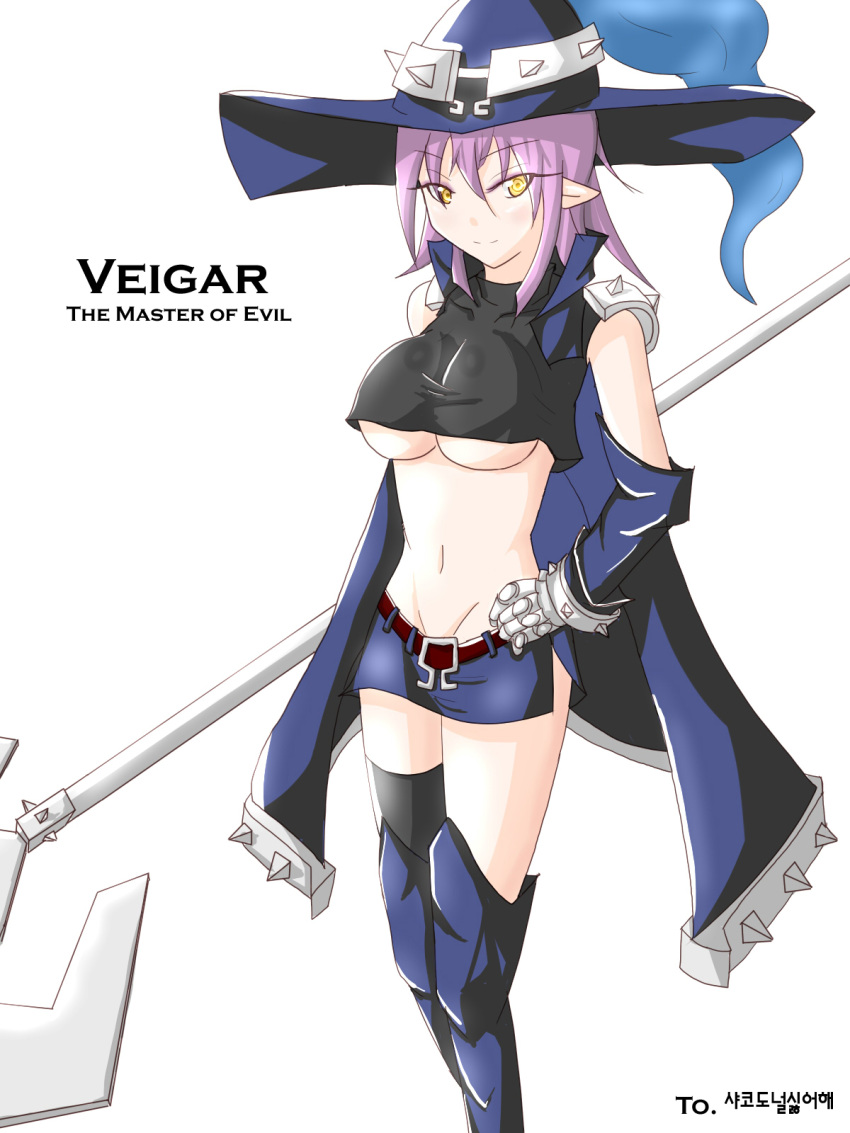 1girl adult belt breasts character_name crop_top english gauntlets genderswap hat highres large_breasts league_of_legends leg_armor mahoy midriff mound_of_venus navel pointy_ears purple_hair short_hair shorts shoulder_pads single_thighhigh solo spikes staff taut_shirt thigh-highs thighhighs under_boob underboob veigar white_background witch_hat yellow_eyes