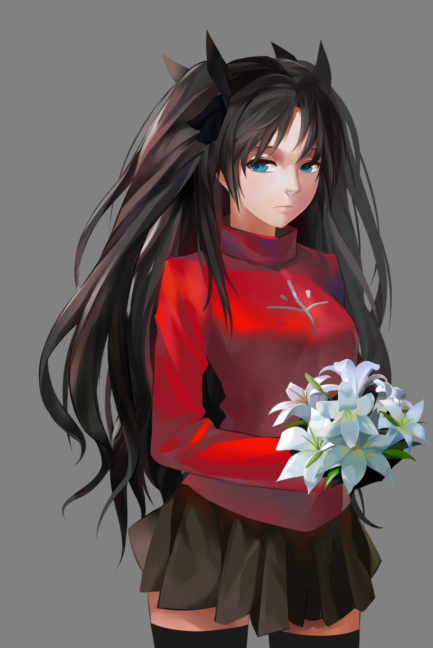black_hair black_legwear blue_eyes bouquet fate/stay_night fate_(series) flower gilgamesh grey_background highres lightofheaven lily_(flower) long_hair simple_background solo thigh-highs thighhighs tohsaka_rin toosaka_rin two_side_up