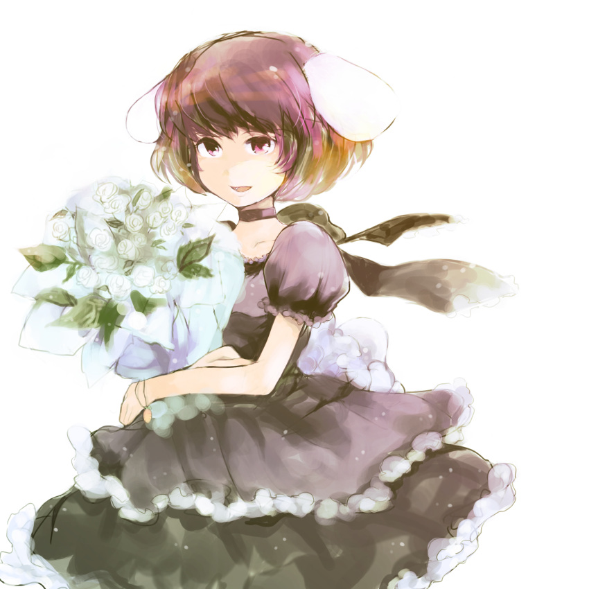 alternate_costume animal_ears bouquet bunny_ears carrot choker dress flower formal highres holding inaba_tewi open_mouth puffy_short_sleeves puffy_sleeves purple_dress purple_eyes purple_hair qeey rabbit_ears rose short_sleeves solo touhou violet_eyes white_background white_rose