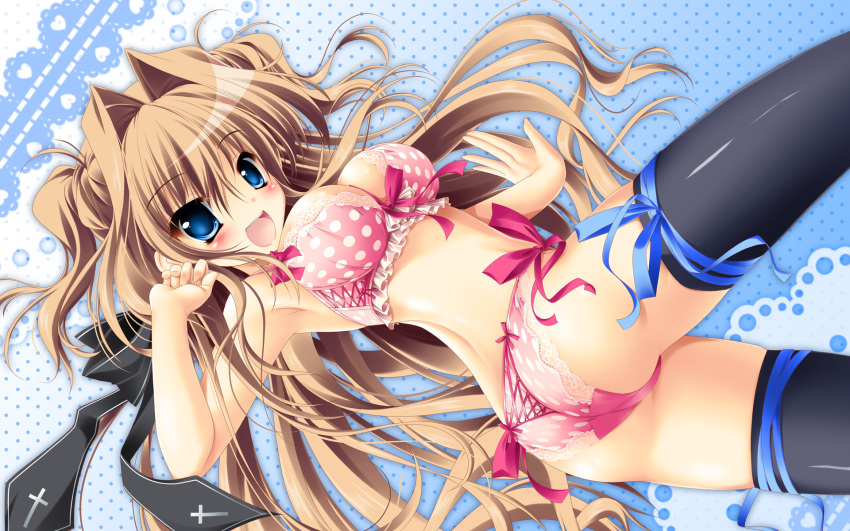 :d ass blue_eyes blush bow bra breasts brown_hair cleavage highres kamiya_tomoe long_hair looking_at_viewer mashiroiro_symphony open_mouth panties polka_dot polka_dot_background polka_dot_bra polka_dot_panties sena_airi side-tie_panties smile solo thigh-highs thighhighs underwear very_long_hair