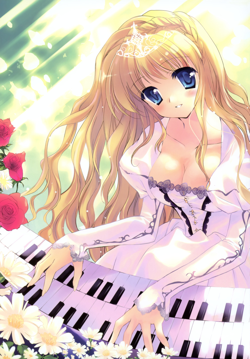 absurdres blonde_hair blue_eyes blush breasts cleavage copyright_request daffodil dress flower highres piano_keys rei rei's_room rei_(rei's_room) rei_(rei's_room) rose tiara white_dress