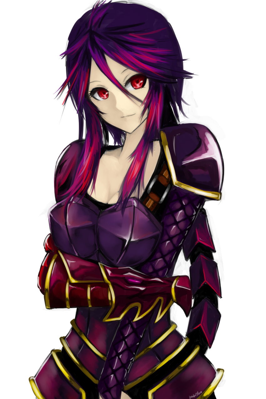 aleron alternate_costume alternate_hair_color armor breasts gauntlets highres kumiko_(aleron) league_of_legends long_hair multicolored_hair pink_hair purple_hair red_eyes shoulder_pads shyvana signature solo tail white_background