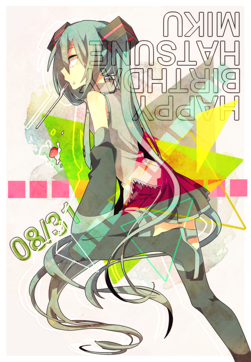 boots character_name dated detached_sleeves food fork fruit green_hair happy_birthday haru_(oomr005) hatsune_miku high_heels highres long_hair mouth_hold necktie shoes skirt solo strawberry thigh-highs thigh_boots thighhighs twintails very_long_hair vocaloid