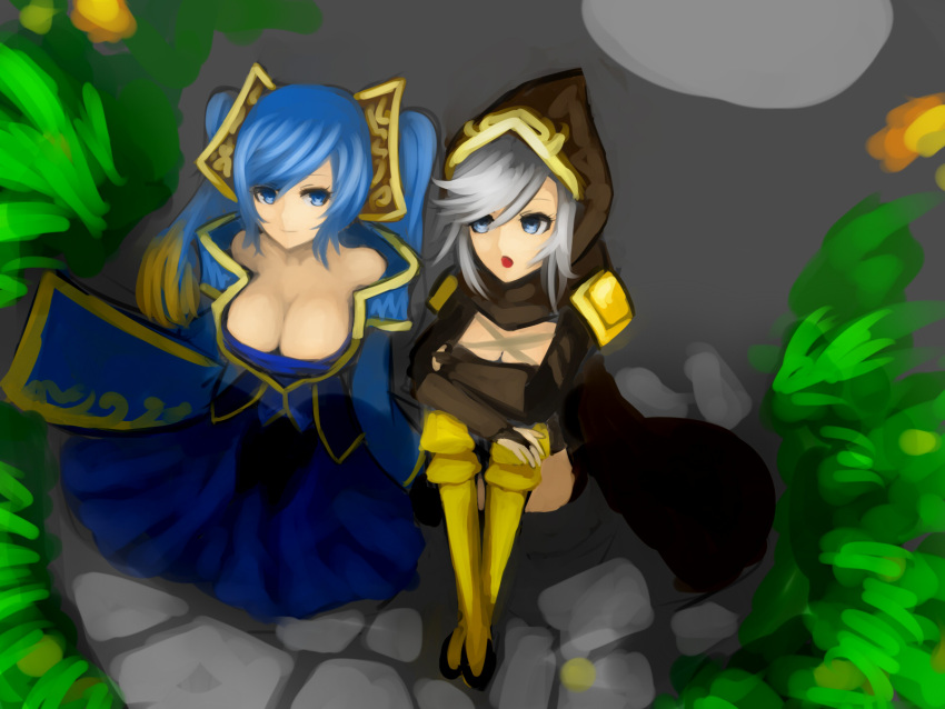 aleron aqua_hair ashe_(league_of_legends) bare_shoulders blonde_hair blue_eyes boots breasts cape cleavage gradient_hair highres hood kumiko_(aleron) large_breasts league_of_legends long_hair multicolored_hair multiple_girls open_mouth silver_hair sitting sona_buvelle twintails yellow_legwear