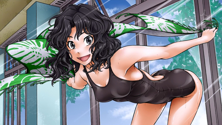 amagami black_eyes black_hair curly_hair fukudahda leaning_forward long_hair looking_at_viewer one-piece_swimsuit open_mouth outstretched_arms smile solo spread_arms sunbeam sunlight swimsuit tanamachi_kaoru towel wavy_hair wet window