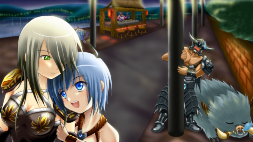 3boys arm_holding armor ashe_(league_of_legends) blue_eyes blue_hair blush boar boots breasts brick_wall clenched_teeth cousins facial_hair goatee green_eyes grey_hair helmet highres horn horns jax_(league_of_legends) kog'maw kog'maw league_of_legends leg_armor light_brown_hair long_hair multiple_boys multiple_girls nose_bubble nose_piercing open_mouth pauldrons piercing pillar sejuani short_hair shoulder_pads skywolf32 sleeping strap sweatdrop tryndamere