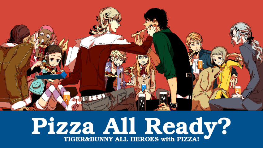 6+boys animal antonio_lopez barnaby_brooks_jr dog drink eating everyone food highres hoshino_lily huang_baoling ivan_karelin john_(tiger_&_bunny) kaburagi_kaede kaburagi_t_kotetsu karina_lyle keith_goodman multiple_boys multiple_girls nathan_seymour pizza pizza_box red_background simple_background sitting tiger_&_bunny yuri_petrov