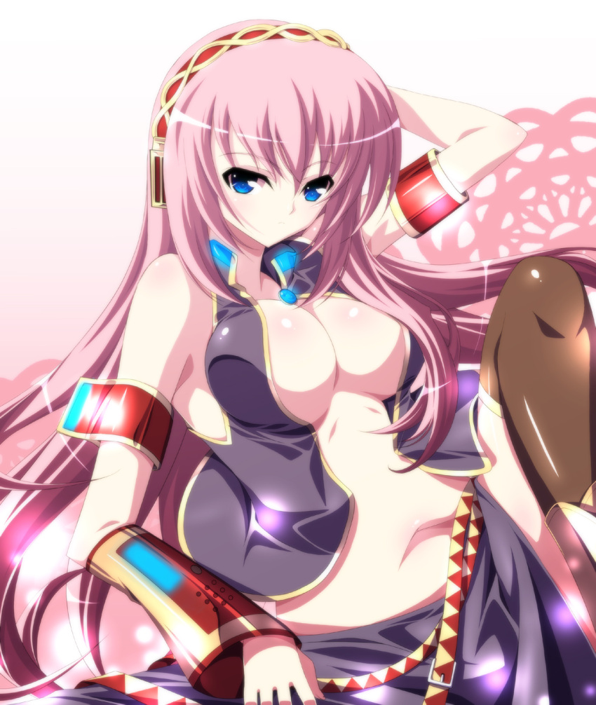 blue_eyes breasts cleavage highres ka2 long_hair looking_at_viewer megurine_luka open_clothes pink_hair skirt solo thigh-highs thighhighs vocaloid