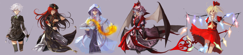 absurdres ascot bat_wings black_legwear blonde_hair blood blood_on_face blue_eyes braid capelet fire flandre_scarlet grey_eyes hat highres hong_meiling hood izayoi_sakuya knife koumajou_densetsu laevatein long_hair long_image magic_circle multiple_girls pants patchouli_knowledge purple_eyes purple_hair red_eyes red_hair redhead remilia_scarlet short_hair silver_hair simple_background smile star stopwatch thigh-highs thighhighs touhou twin_braids vampire violet_eyes watch weapon wide_image wings wrist_cuffs yi_dianxia