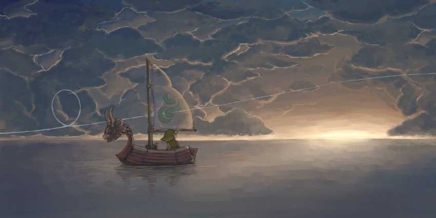 boy cloud clouds hat horizon kuru kuruuya link nintendo ocean reflection sailboat scenery sunset the_king_of_red_lions the_legend_of_zelda toon_link wind wind_waker