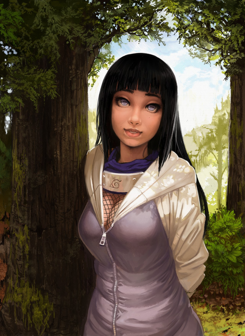 anokorok arms_behind_back black_hair breasts cleavage fishnets forest highres hoodie hyuuga_hinata large_breasts lips long_hair naruto naruto_shippuuden nature nose realistic smile white_eyes