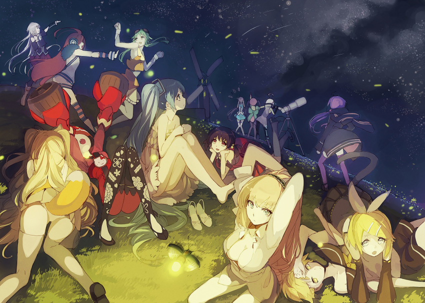 6+girls aoki_lapis aqua_hair arms_up ass barefoot blonde_hair blue_eyes cleavage earmuffs green_hair gumi hair_ornament hair_ribbon hairclip hatsune_miku headphones highres ia_(vocaloid) kaai_yuki kagamine_len kagamine_rin lia-sama long_hair looking_at_viewer looking_up megurine_luka multiple_boys multiple_girls nekomura_iroha night open_mouth outdoors print_legwear ribbon seeu sf-a2_miki shoes_removed short_hair sitting skirt sky star_(sky) starry_sky tagme_(character) tail telescope thigh-highs thighhighs tone_rion twintails utatane_piko very_long_hair vocaloid white_legwear windmill yuzuki_yukari