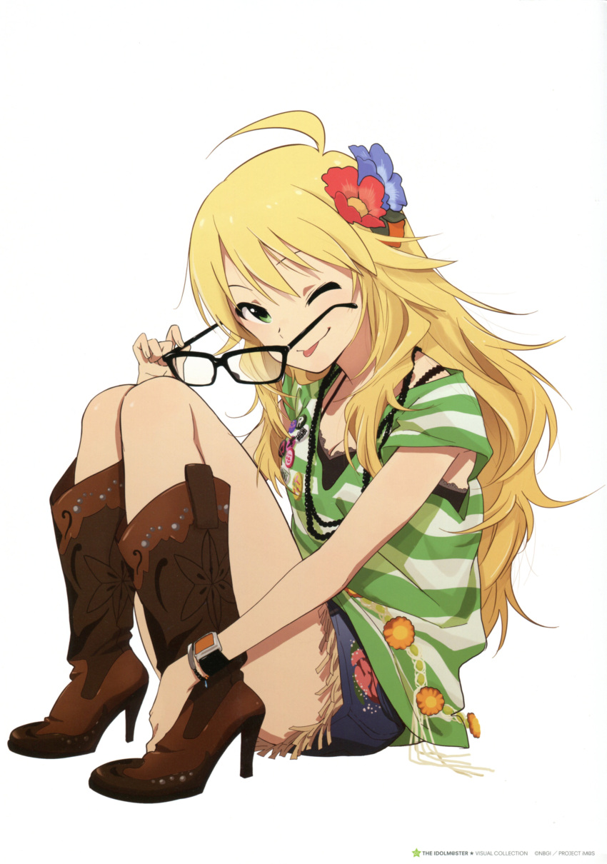 absurdres ahoge blonde_hair boots breasts cleavage flower glasses green_eyes highres hoshii_miki idolmaster jewelry long_hair necklace nishigori_atsushi official_art scan shorts tongue white_background wink