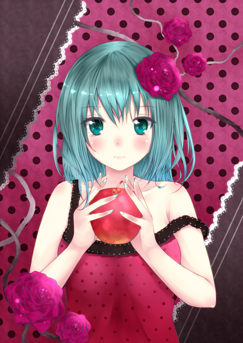 alternate_hairstyle amatsuki_hotaru apple aqua_hair blush bust dress flower food fruit green_eyes hair_flower hair_ornament hatsune_miku highres holding long_hair nail_polish off_shoulder polka_dot polka_dot_dress red_rose romeo_to_cinderella_(vocaloid) rose solo strap_slip tears vines vocaloid