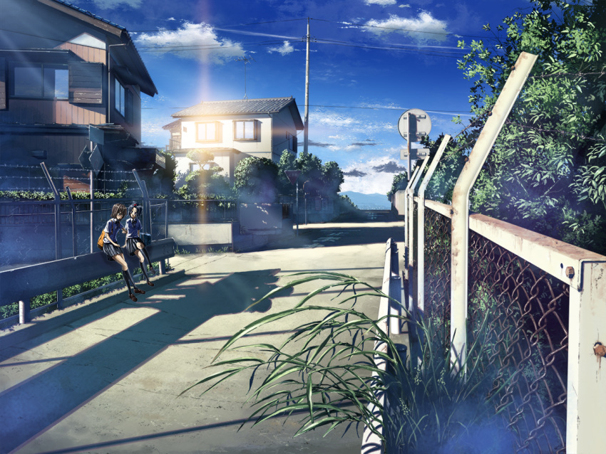 bag barbed_wire bokuden chainlink_fence cloud clouds condensation_trail grass guard_rail house kneehighs multiple_girls original road road_sign scenery scenic school_uniform seifuku shadow sign sitting sky sunbeam sunlight telephone_pole tree
