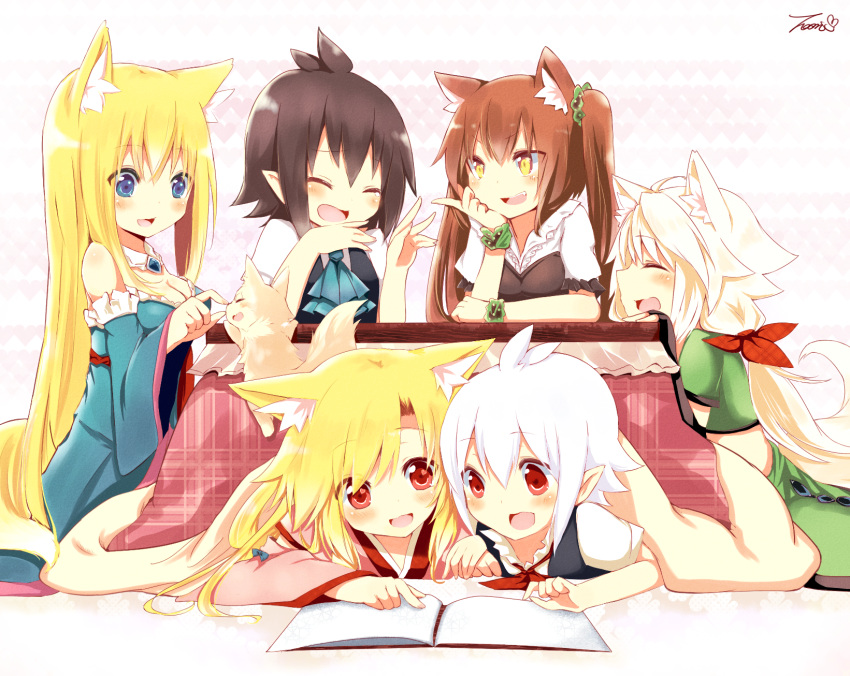 :d ^_^ akane_(naomi) animal animal_ears aoi_(naomi) bare_shoulders black_hair blonde_hair blue_eyes blush book bow breasts brown_hair character_request cleavage closed_eyes dress eyes_closed fang foxgirl group heart highres japanese_clothes long_hair lying multiple_girls naomi_(sekai_no_hate_no_kissaten) neko_(naomi) on_stomach open_mouth original pointy_ears reading red_eyes shizuku_(naomi) short_hair signed simple_background sitting smile solo tail twintails white_background white_hair yellow_eyes