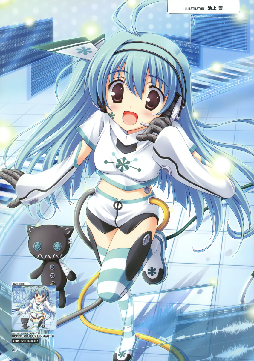 absurdres aqua_hair bandage bandages brown_eyes button_eyes cable cat detached_sleeves exit_tunes headphones headset highres holographic_interface ikegami_akane mecha_musume neko piano_keys shorts striped striped_legwear stuffed_cat thigh-highs thighhighs tile_floor tiles