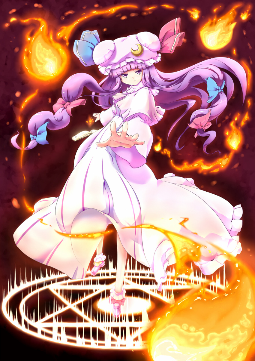 book bow capelet coo crescent fire hair_bow hat highres long_hair long_sleeves magic_circle patchouli_knowledge purple_eyes purple_hair solo touhou violet_eyes wide_sleeves