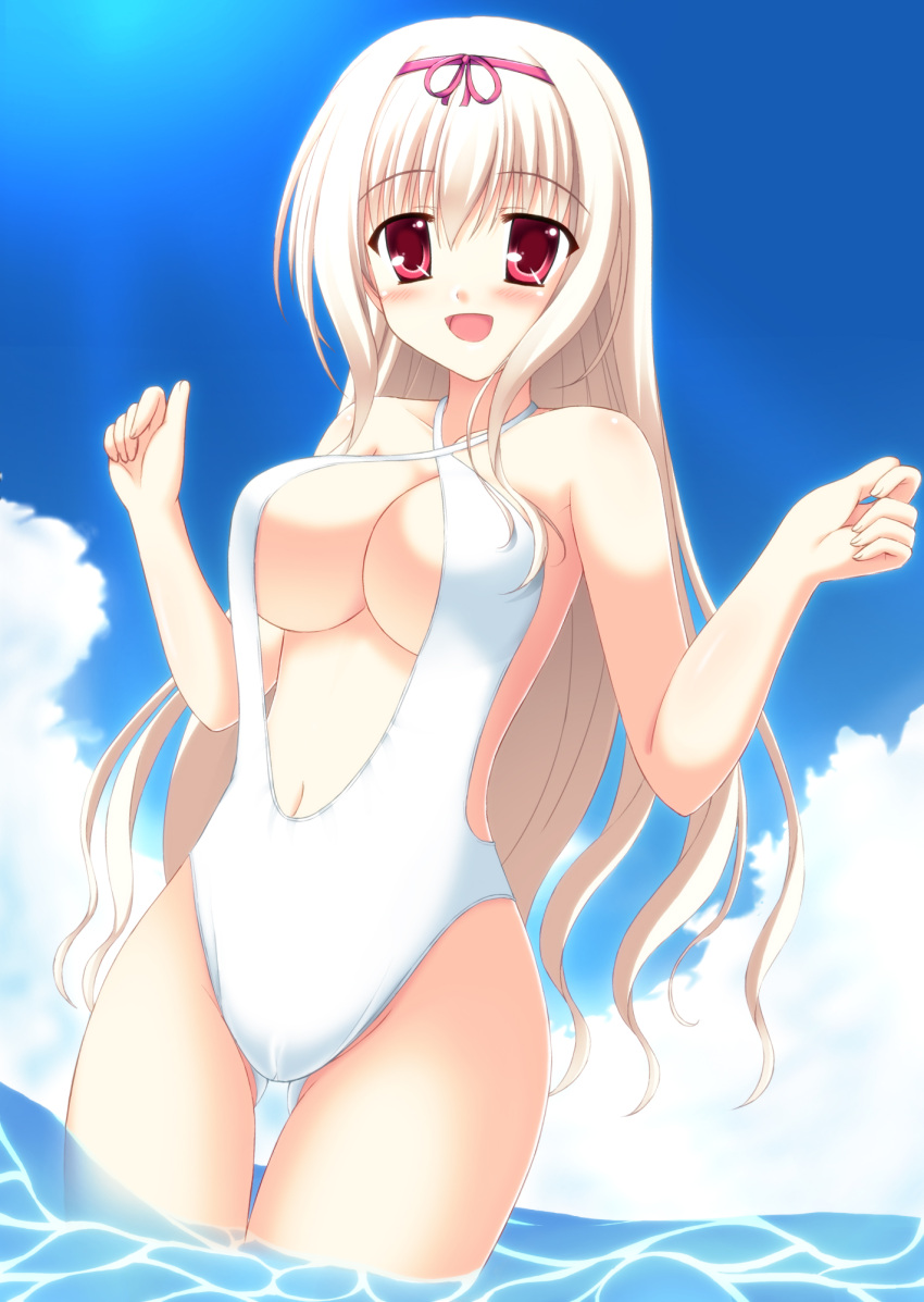 blonde_hair breasts casual_one-piece_swimsuit cleavage_cutout criss-cross_halter hairband halter_top halterneck heart highres long_hair nora_(otome70121) one-piece_swimsuit original red_eyes solo swimsuit under_boob underboob
