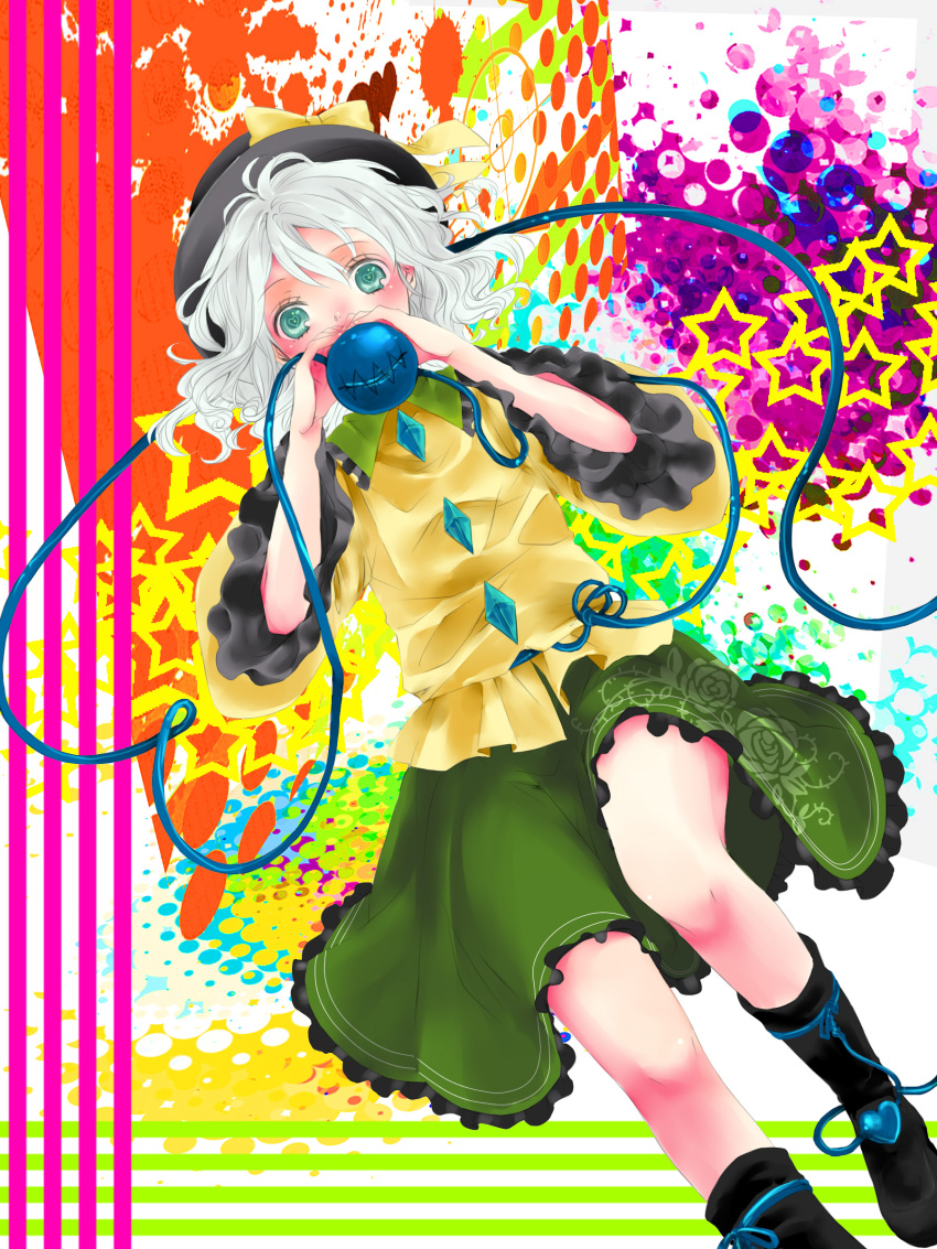 absurdres aqua_eyes boots colorful covering_mouth eyeball hat heart heart-shaped_pupils highres komeiji_koishi minato_iro short_hair silver_hair skirt solo star string striped symbol-shaped_pupils third_eye touhou white_hair wide_sleeves