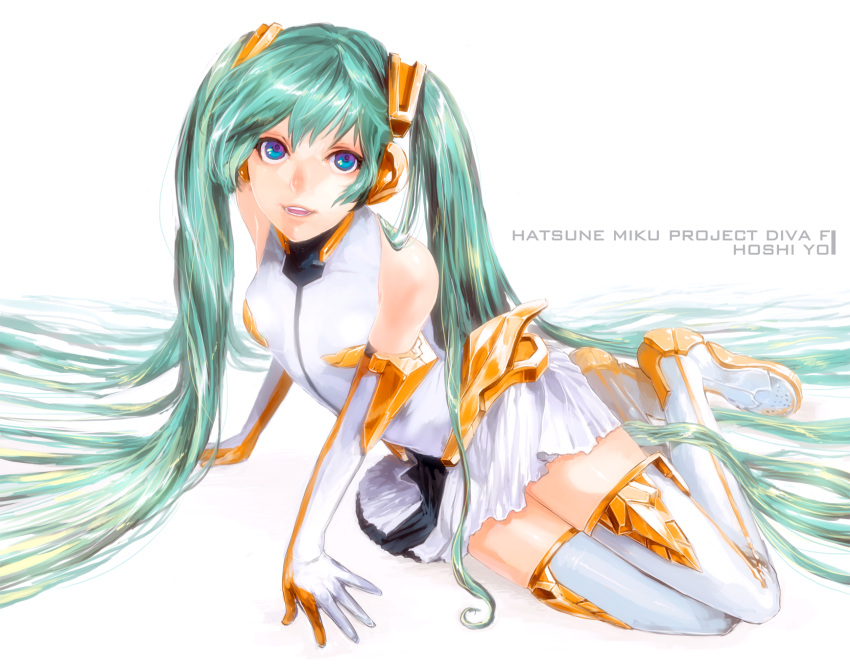 1girl blue_eyes boots character_name elbow_gloves gloves green_hair hatsune_miku highres long_hair matsushita_mino solo thigh_boots thighhighs twintails very_long_hair vocaloid