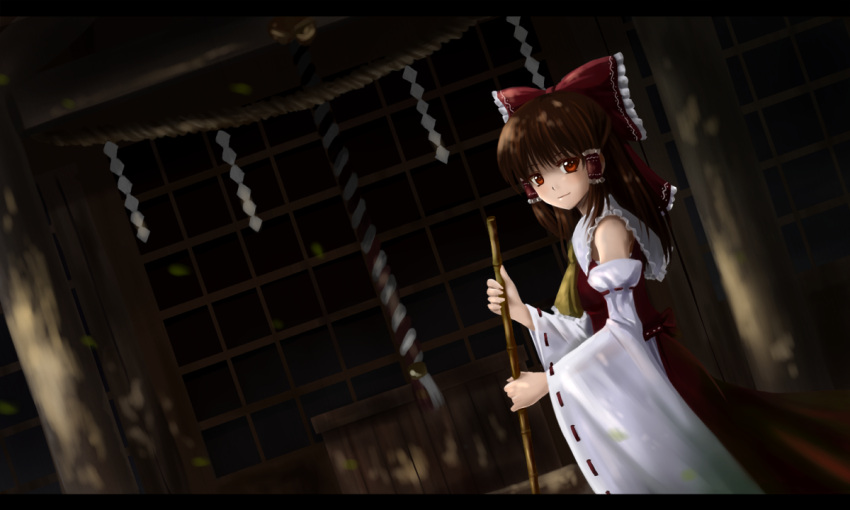 ascot bow brown_eyes brown_hair chien_zero detached_sleeves hair_bow hair_tubes hakurei_reimu letterboxed light_smile long_hair long_sleeves looking_at_viewer shadow shirt shrine shrine_bell skirt skirt_set smile solo touhou wide_sleeves