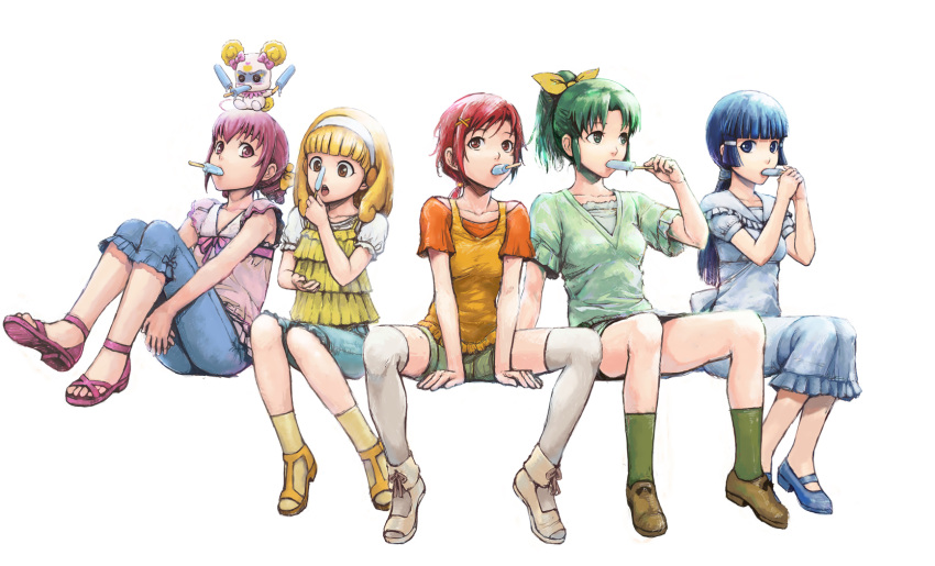 aoki_reika blonde_hair blue_eyes blue_hair bow candy_(precure) candy_(smile_precure!) dress ereka green_eyes green_hair group headband hino_akane hoshizora_miyuki ice_cream kise_yayoi long_hair midorikawa_nao pink_eyes pink_hair ponytail popsicle precure pretty_cure red_eyes redhead short_hair shorts smile_precure smile_precure! thigh-highs thighhighs white yellow_eyes