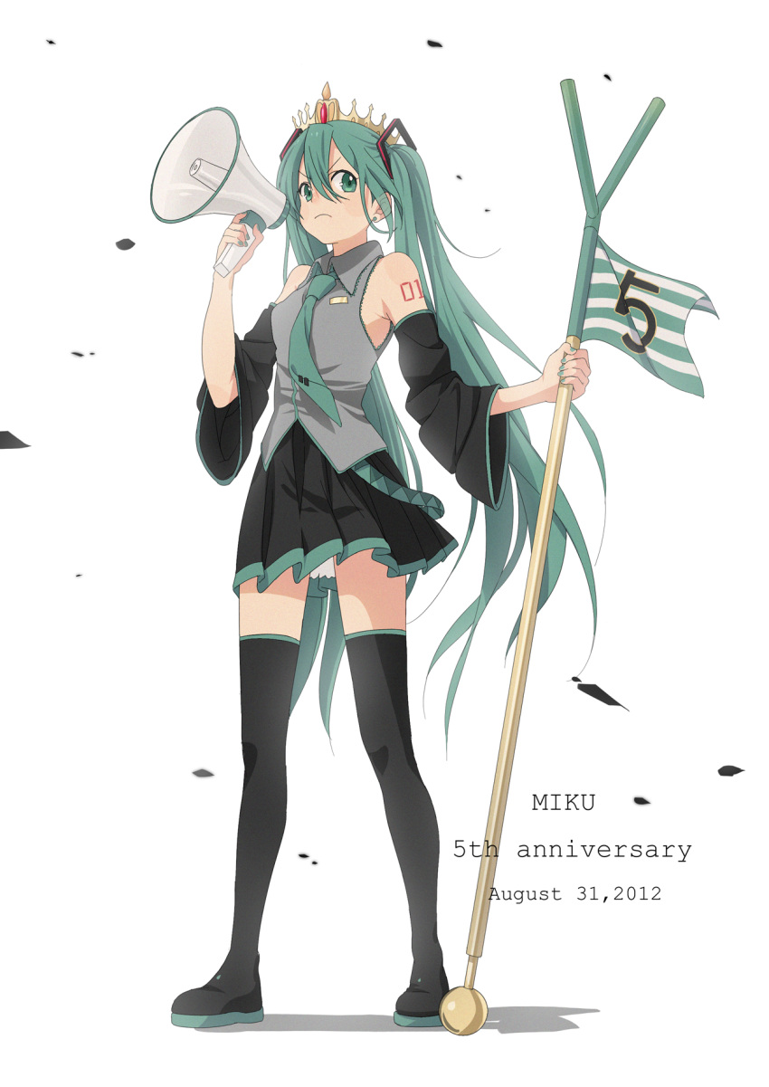 5 2012 boots character_name dated detached_sleeves flag green_eyes green_hair hatsune_miku highres himano_(artist) long_hair megaphone necktie number simple_background skirt solo thigh-highs thigh_boots thighhighs twintails very_long_hair vocaloid white_background zettai_ryouiki