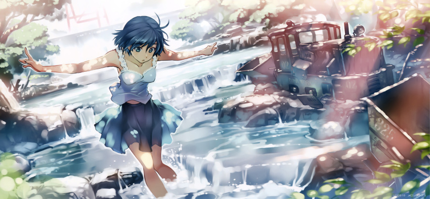 1girl absurdres blue_eyes blue_hair collarbone creek highres incredibly_absurdres leaf mine_cart original outstretched_arms scan see-through short_hair skirt solo spread_arms stream sunbeam sunlight vania600 vehicle wading water