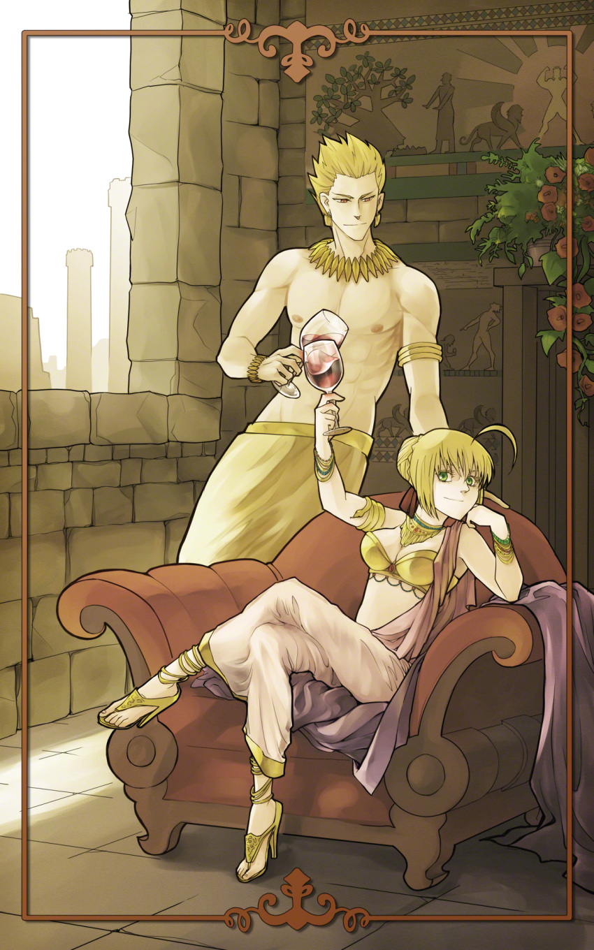 1girl agathaxe ahoge ancient anklet armchair armlet babylon blonde_hair bra bracelet breasts cleavage couch crossed_legs cup earrings fate/extra fate/zero fate_(series) gilgamesh green_eyes high_heels highres jewelry legs_crossed necklace nipples open_shoes red_eyes ribbon saber_extra sandals shoes short_hair sitting smile toga underwear wine wine_glass