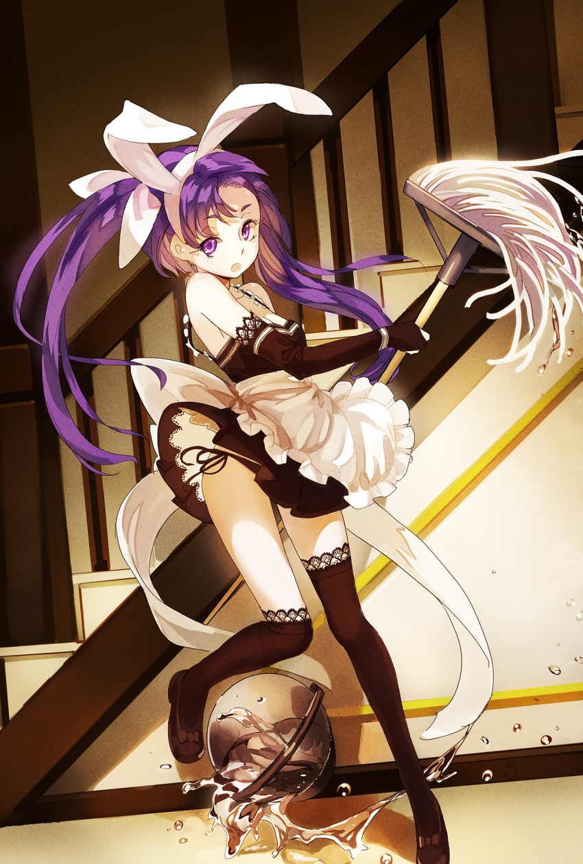apron bare_shoulders elbow_gloves frills gloves highres lia-sama looking_at_viewer maid mop panties pantyshot purple_eyes purple_hair side-tie_panties solo thigh-highs thighhighs tone_rion twintails underwear violet_eyes vocaloid