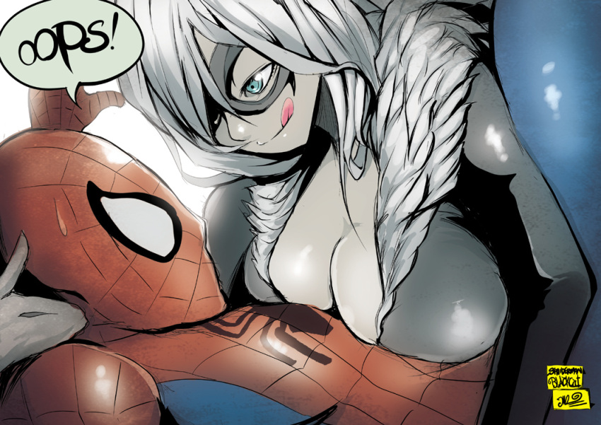 1girl black_cat_(marvel) black_cat_(spider-man) blue_eyes bodysuit breast_rest breasts cleavage english felicia_hardy hair_over_one_eye jinbei large_breasts long_hair marvel mask short_hair skin_tight spider-man spider-man_(series) sweat tongue tongue_out v-neck white_hair