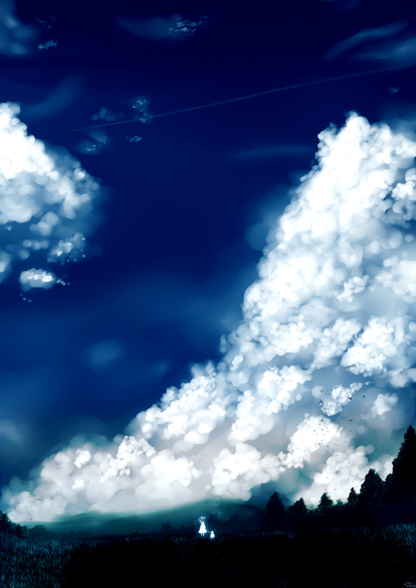 absurdres airplane clothed cloud clouds condensation_trail dog dress female grass hat highres kotoba_noriaki leash long_hair original outdoors outside scenery sky solo text translated