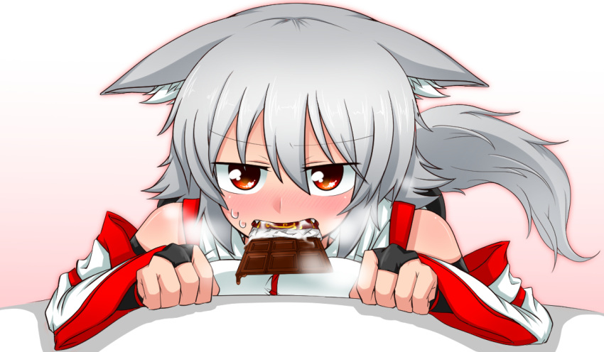 1girl animal_ears bare_shoulders blush breast_press breasts bridal_gauntlets detached_sleeves fang inubashiri_momiji katsumi5o open_mouth red_eyes short_hair silver_hair simple_background solo sweat tail touhou white_background wolf_ears wolf_tail