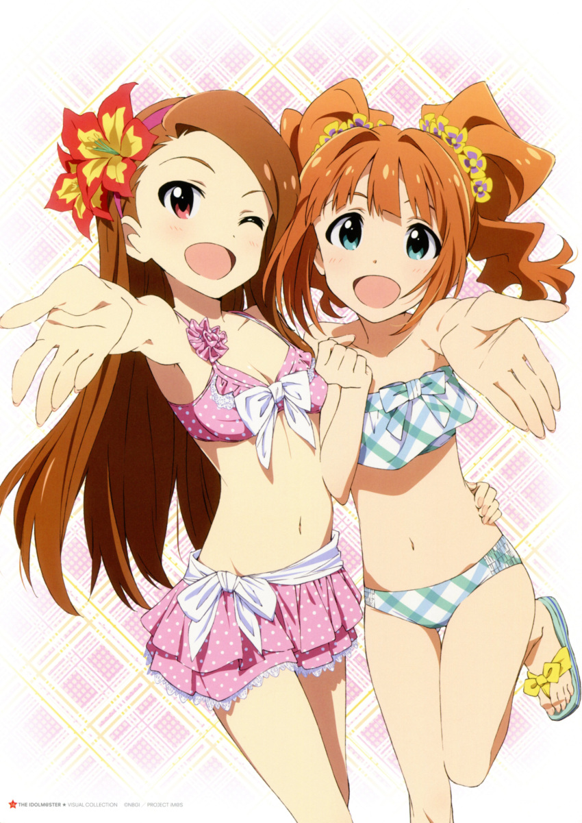 :d ;d absurdres artist_request bikini blue_eyes blush brown_hair flower hairband happy highres idolmaster long_hair minase_iori multiple_girls open_mouth outstretched_hand plaid plaid_bikini polka_dot polka_dot_bikini polka_dot_swimsuit red_eyes sandals short_hair smile swimsuit takatsuki_yayoi twintails wink