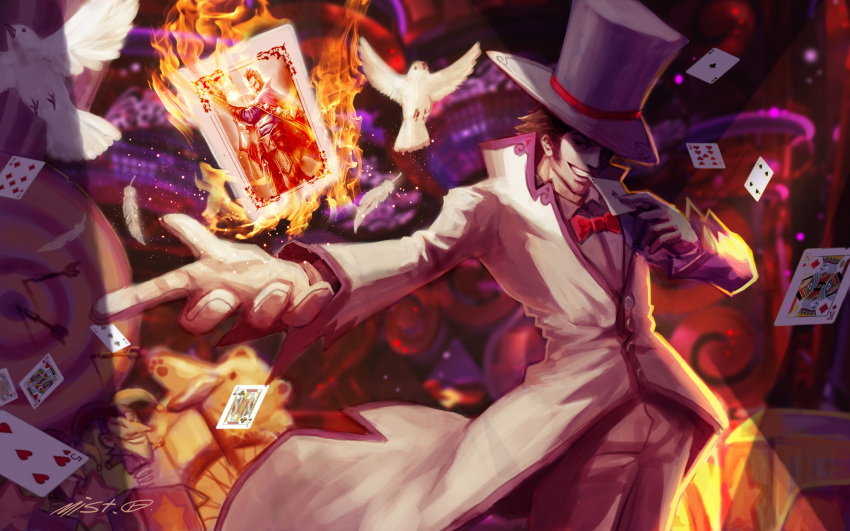 card fire gloves hat highres jack_in_the_box_(toy) league_of_legends magic_trick malcolm_graves playing_card top_hat twisted_fate xiaoguimist