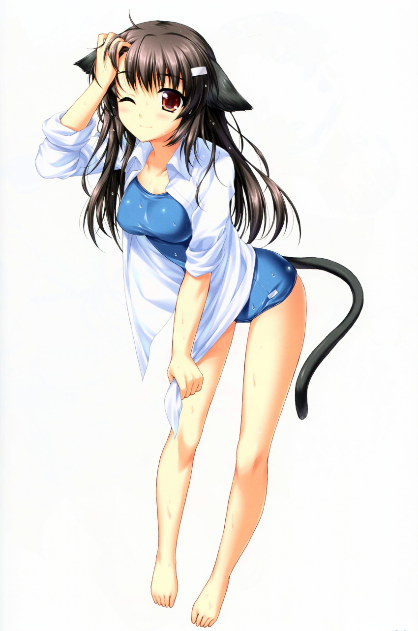 ;) absurdres alpha_(artist) animal_ears bare_legs barefoot brown_eyes brown_hair cat_ears cat_tail copyright_request feet hair_ornament hairclip highres leaning_forward one-piece_swimsuit open_clothes open_shirt scan school_swimsuit simple_background sleeves_rolled_up smile solo swimsuit swimsuit_under_clothes tail wet white_background wink