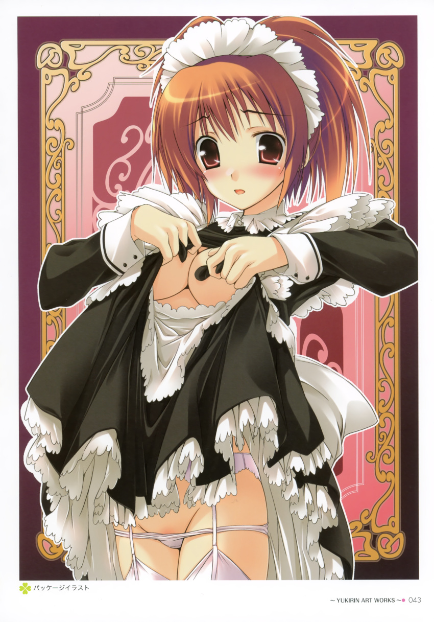 absurdres blush breasts brown_hair cleavage copyright_request garter_belt highres maid open_clothes open_mouth open_shirt panties pantsu panty_pull shirt skirt skirt_lift stockings thigh-highs thighhighs underwear undressing white_legwear white_panties yukirin