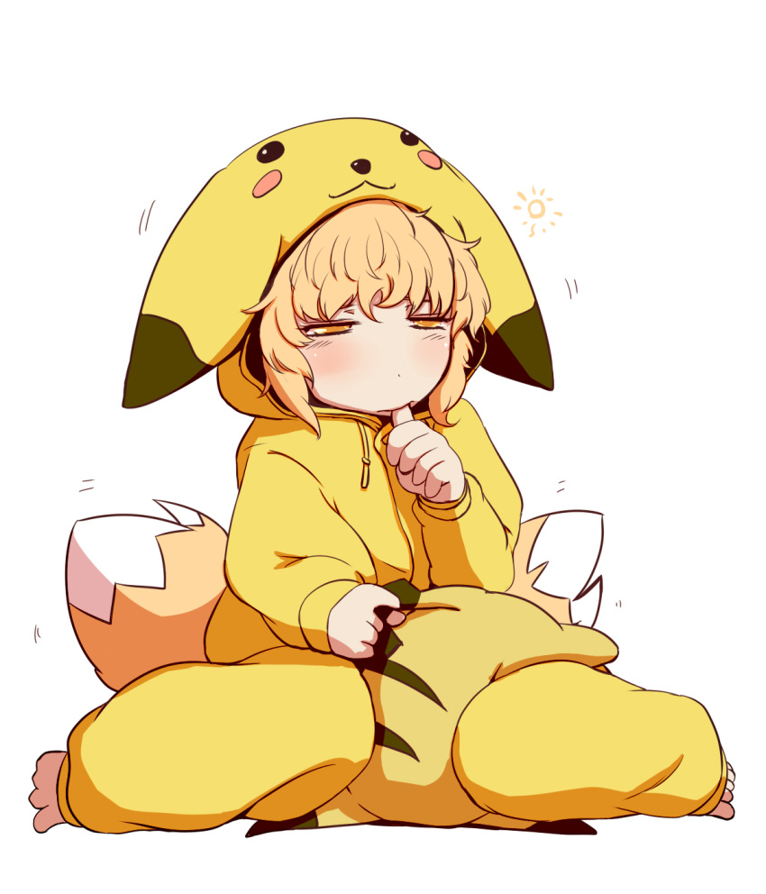 barefoot blonde_hair blush character_doll child cosplay dearmybrothers finger_in_mouth fox_tail half-closed_eyes highres multiple_tails pikachu pikachu_(cosplay) pokemon short_hair sitting solo tail thumb_sucking toes touhou wariza yakumo_ran yellow_eyes young