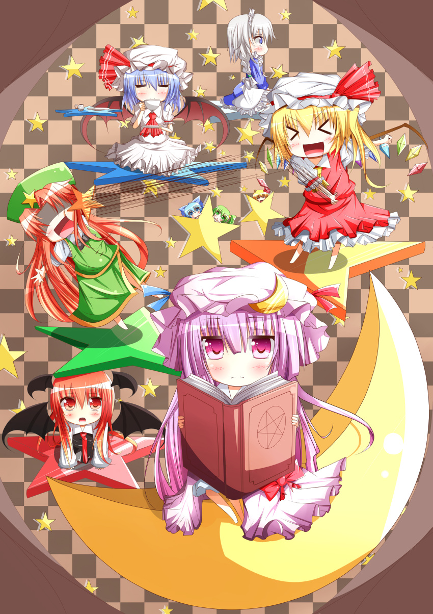 &gt;_&lt; =_= ascot bat_wings blue_eyes blue_hair book braid checkered checkered_background chibi cirno closed_eyes crescent cup daiyousei dress_shirt ehimedaisuki eyes_closed flandre_scarlet green_eyes green_hair hair_ribbon hat head_wings highres hong_meiling izayoi_sakuya koakuma long_hair maid maid_headdress multiple_girls necktie open_mouth patchouli_knowledge pentagram purple_eyes purple_hair red_hair redhead remilia_scarlet ribbon rumia saucer shirt side_ponytail silver_hair skirt smile star teacup the_embodiment_of_scarlet_devil touhou violet_eyes wings