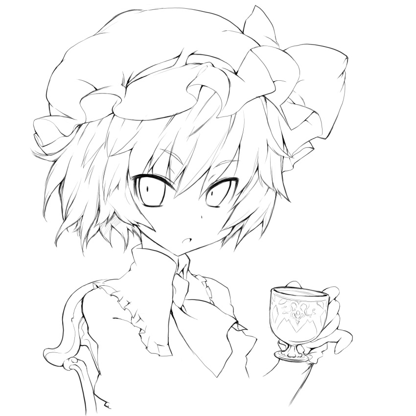 :o ascot blush bust chair cup face hage hat highres lineart looking_at_viewer open_mouth pinky_out remilia_scarlet short_hair sitting solo touhou tsurime