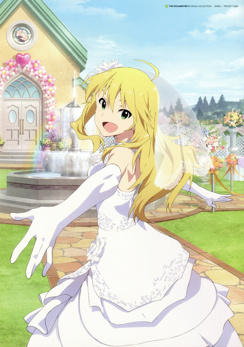 :d absurdres ahoge akai_toshifumi blonde_hair church cloud clouds dress elbow_gloves fountain gloves green_eyes highres hoshii_miki idolmaster long_hair looking_at_viewer official_art open_mouth scan sky smile solo veil wedding_dress white_gloves