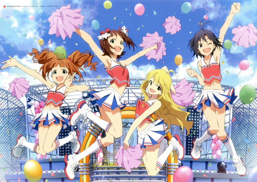 :d ;d \o/ absurdres amami_haruka arm_up armpits arms_up balloon black_hair blonde_hair brown_hair cheerleader cloud clouds confetti drill_hair green_eyes highres hoshii_miki idolmaster jumping kikuchi_makoto kneehighs midriff multiple_girls navel open_mouth outstretched_arms pom_poms shoes short_hair sky smile sneakers socks takatsuki_yayoi the_idolm@ster twintails wink