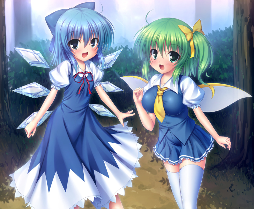 ahoge ascot blue_eyes blue_hair blush bow breasts cirno daiyousei fairy_wings green_eyes green_hair hair_bow large_breasts multiple_girls short_hair side_ponytail takeponi thigh-highs thighhighs touhou white_legwear wings zettai_ryouiki