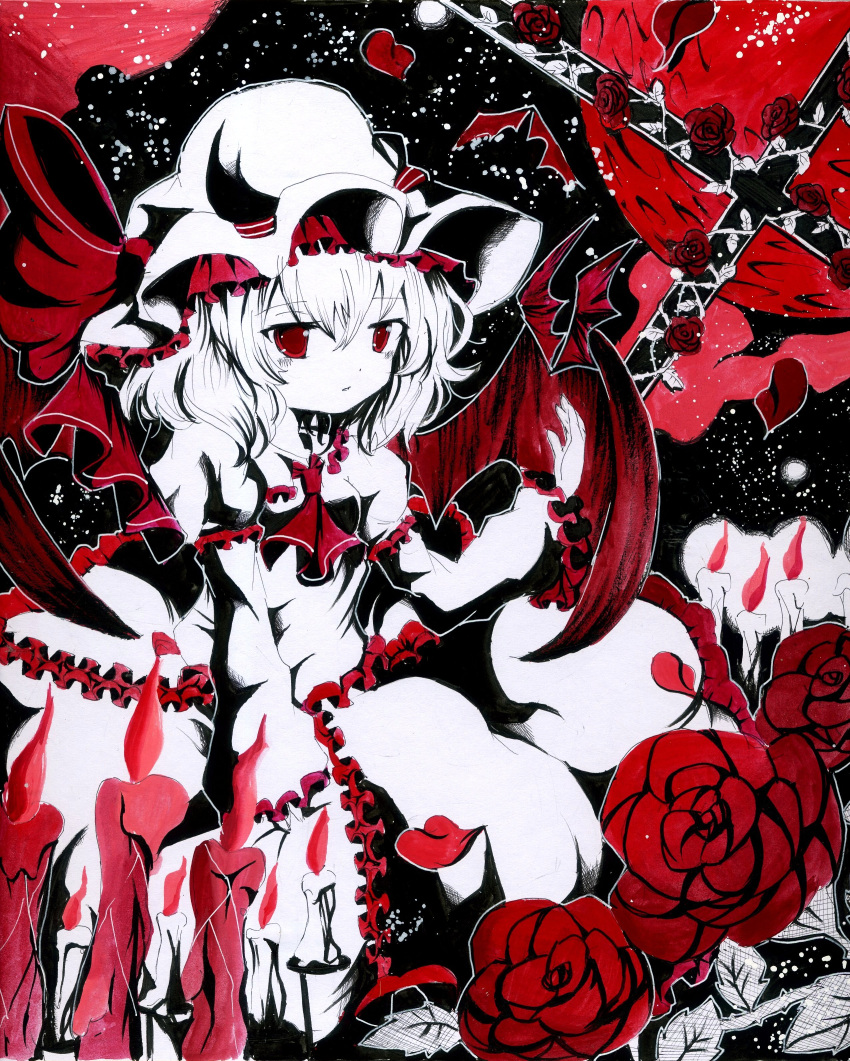 absurdres acrylic_paint_(medium) ascot bat_wings candle cross flower frills hat hat_ribbon highres long_sleeves millipen_(medium) moon petals puffy_sleeves red_eyes red_moon remilia_scarlet ribbon rose short_hair solo spot_color torajirou touhou traditional_media wings